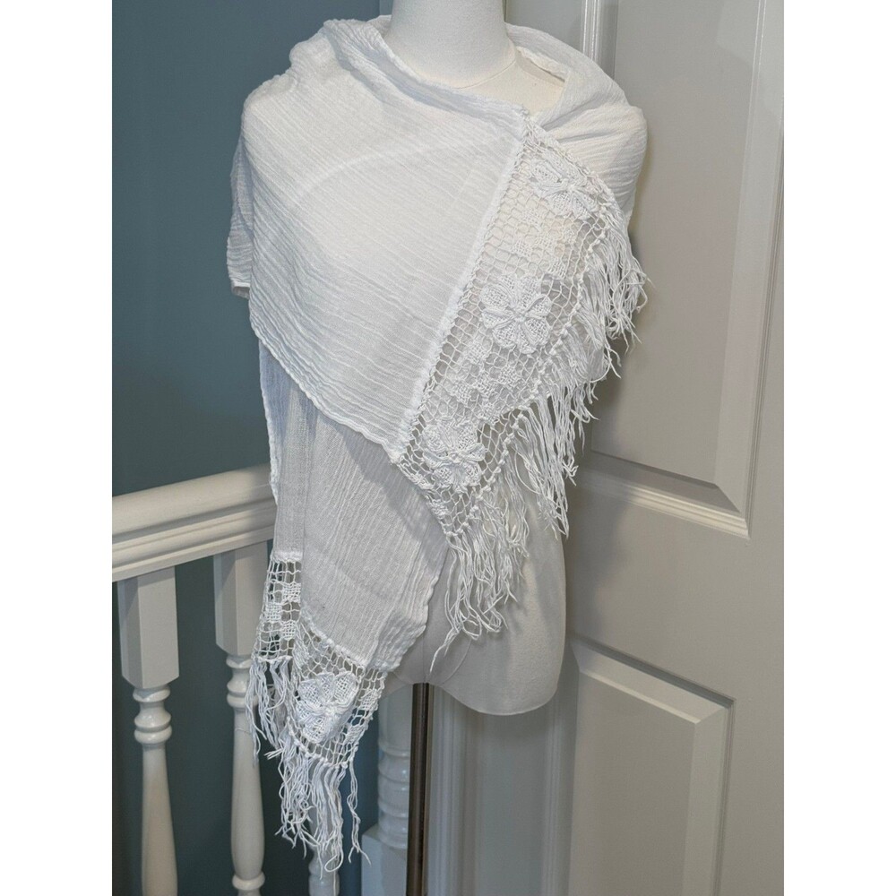 White Crochet Lace Fringe Triangle Shawl Wrap Boho Cotton Gauze Scarf